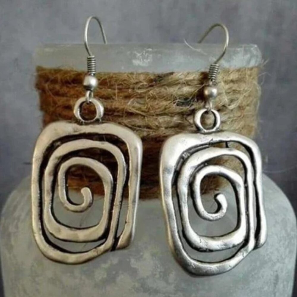 Vintage Bohemian - Retro Style - Silver Electro-Plated Spiral Dangle Earrings